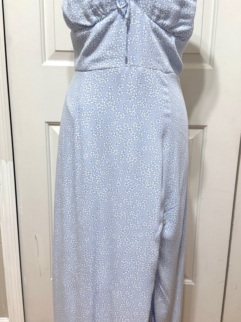 Aeropostale Light Blue Floral Smocked Long Summer Strapless Dress Ruffle Slit M - Picture 7 of 8